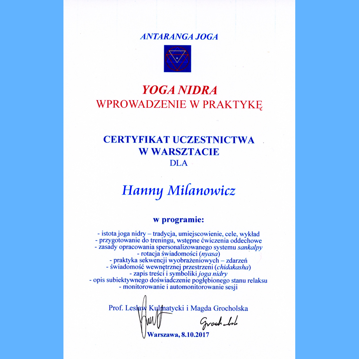 certificate - Yoga Nidra workshop with Lesław Kulmatycki