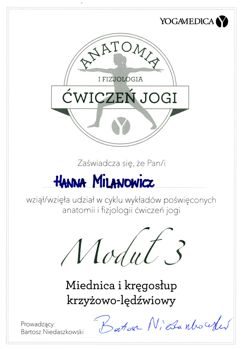 certificate - Anathomy and physiology of yoga practice - Yoga Medica, Bartosz Niedaszkowski